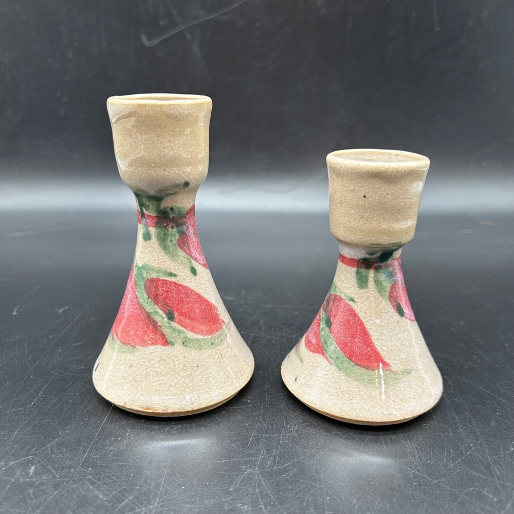 Vtg Art Pottery Stoneware Set Of 2 Candlestick Holders Janet Pashin